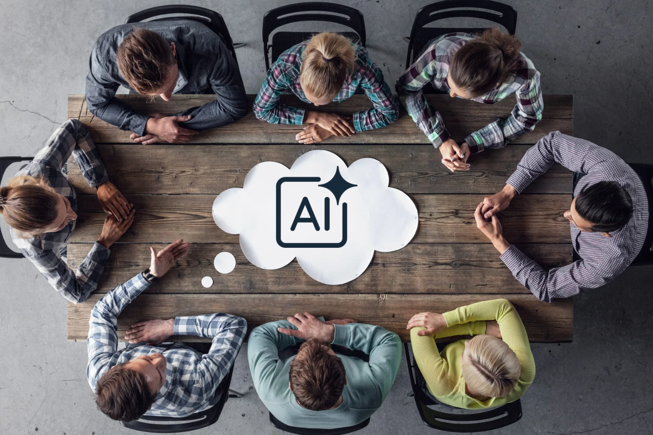 Business team seated around a conference table with an AI icon in a thought bubble
